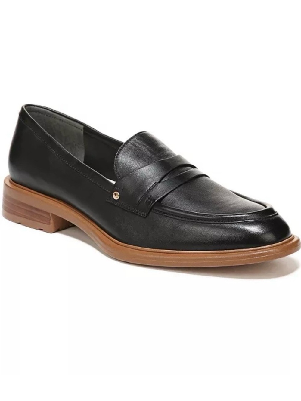Franco Sarto Black Leather Penny Loafers with Tan Sole